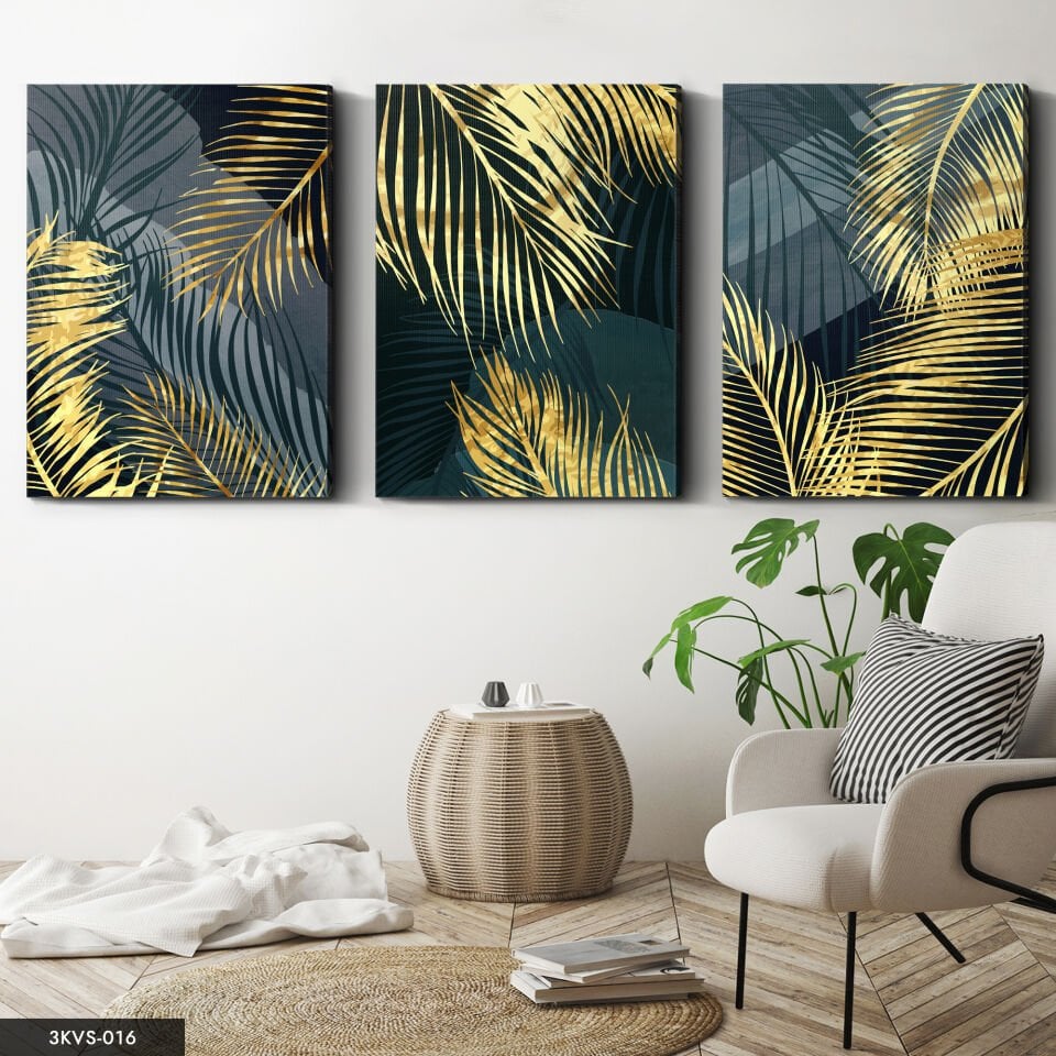 Gold Yapraklar 3 Parça Kanvas - Canvas Tablo 40 x 30 CM