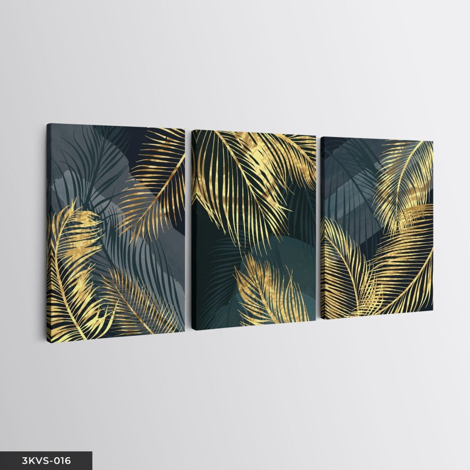 Gold Yapraklar 3 Parça Kanvas - Canvas Tablo 45 x 65 CM