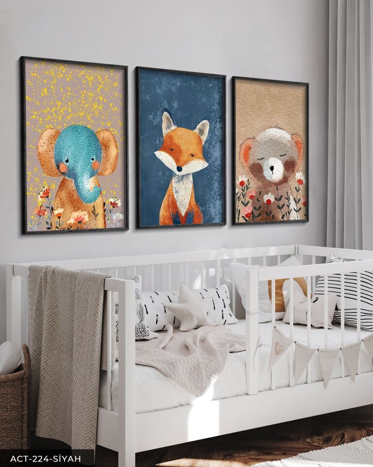 Hayvan Temalı Çocuk Odası 3 Parça Ahşap Çerçeveli Tablo ACT Siyah - 20 x 30 CM