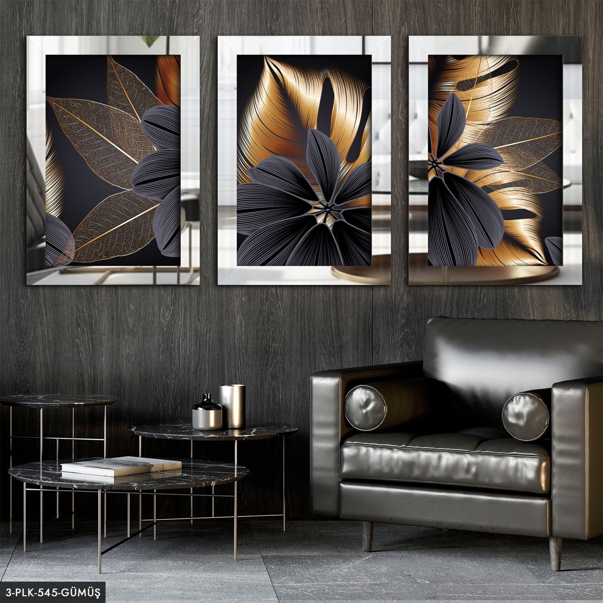 Çiçek Yaprak 3 Parça Pleksi Aynalı Tablo 30 x 40 CM - Gümüş