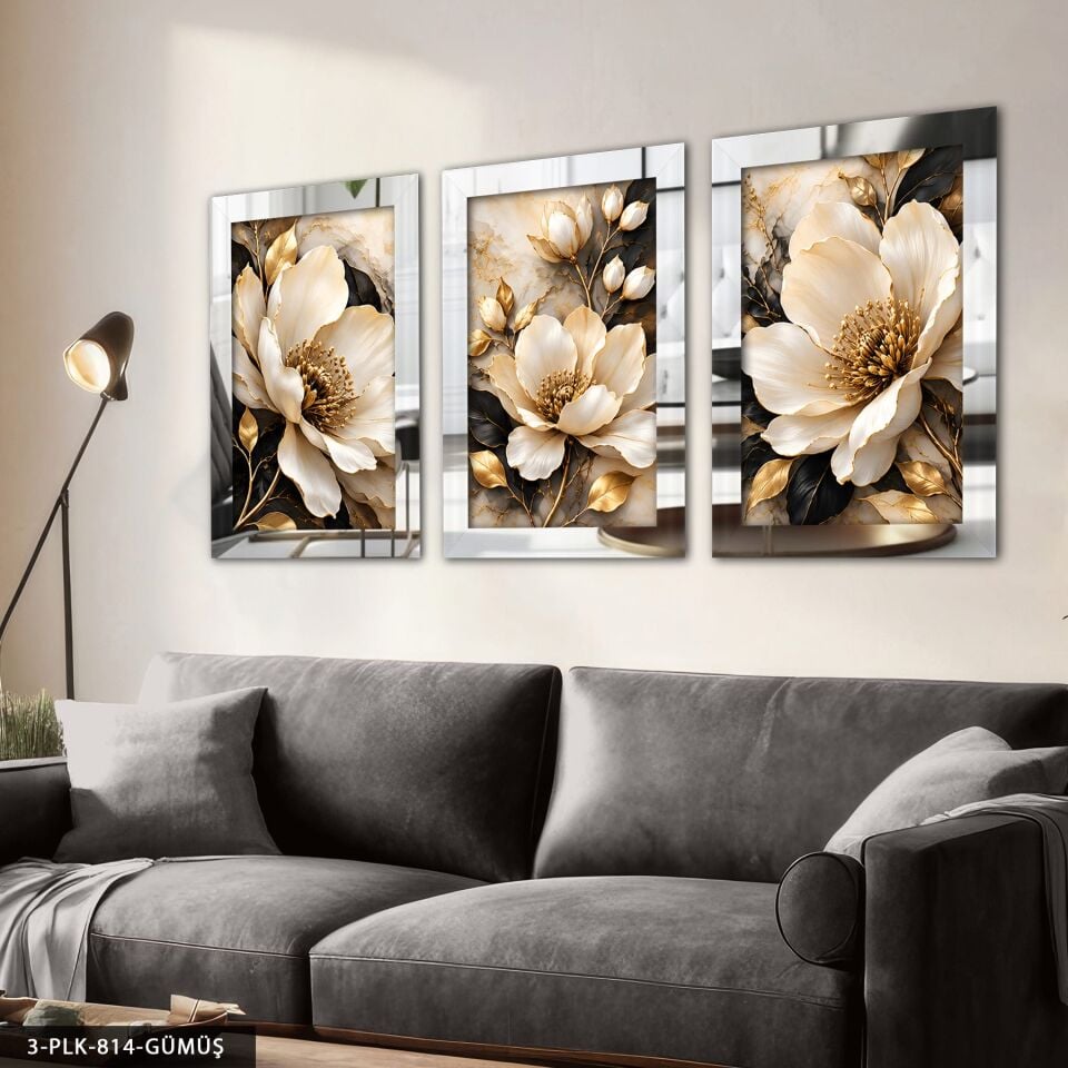 Seramik Zeminde Beyaz Çiçek 3 Parça Pleksi Aynalı Tablo Gümüş - 40 x 60 CM