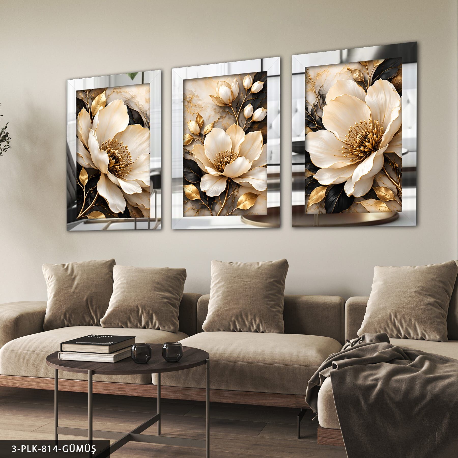 Seramik Zeminde Beyaz Çiçek 3 Parça Pleksi Aynalı Tablo Gümüş - 40 x 60 CM