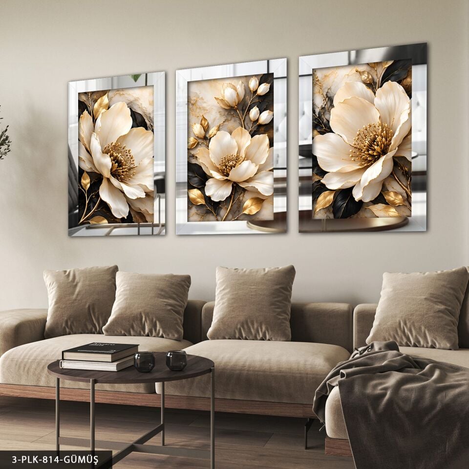 Seramik Zeminde Beyaz Çiçek 3 Parça Pleksi Aynalı Tablo Gümüş - 40 x 60 CM