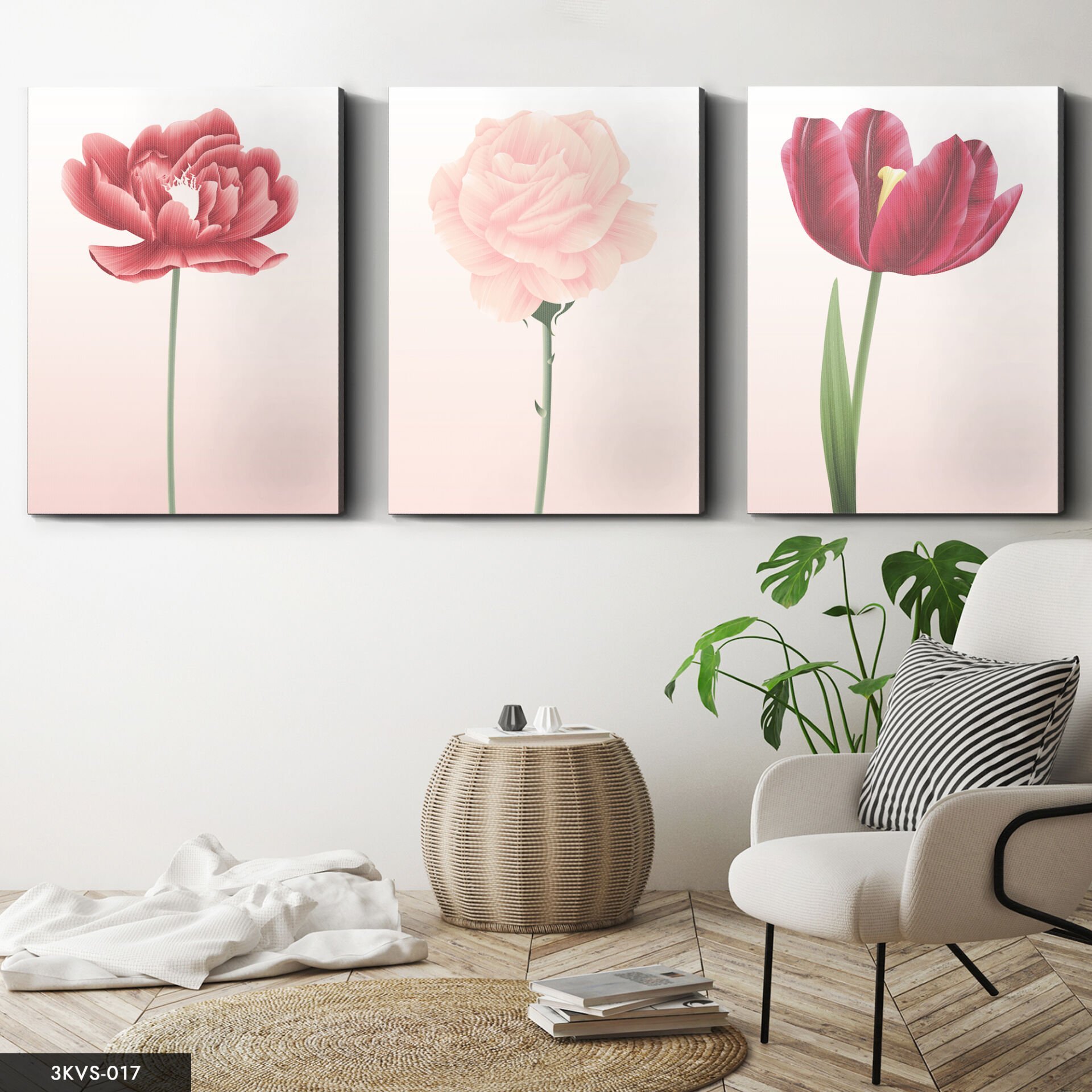 Çiçekler 3 Parça Kanvas - Canvas Tablo