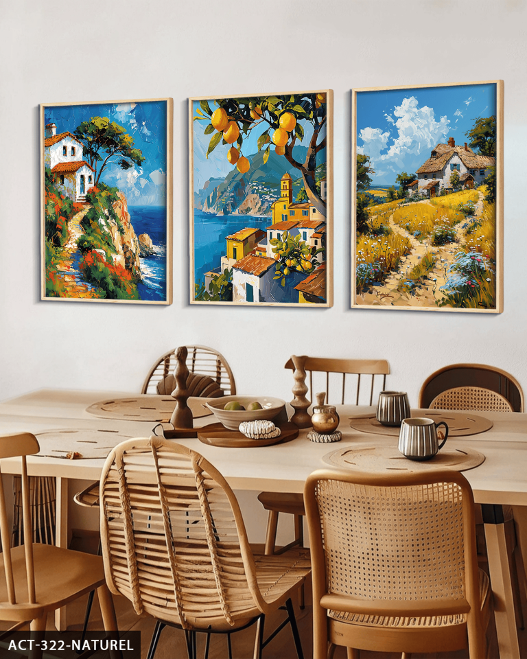 Yağlı Boya Görünümlü Kasaba 3 Parça Ahşap Çerçeveli Tablo ACT Naturel - 40 x 60 CM