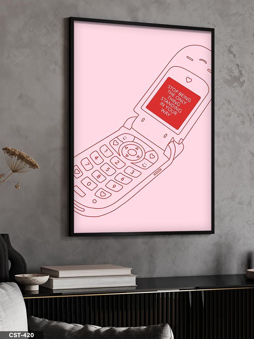Pembe Telefon Tek Parça Ahşap Çerçeveli Tablo Siyah - 20 x 30 CM