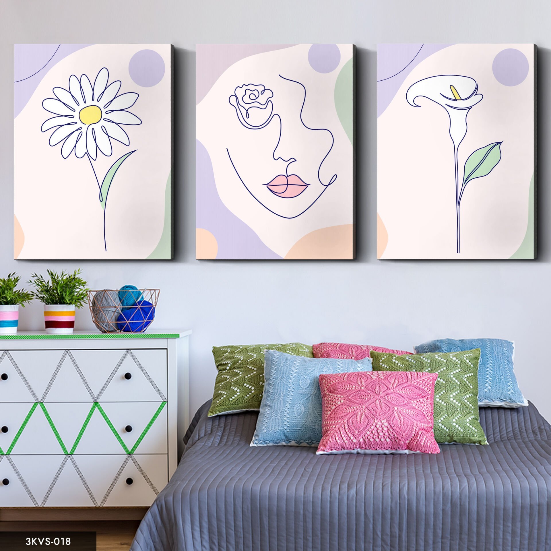 Minimal Çiçek Kadın 3 Parça Kanvas - Canvas Tablo