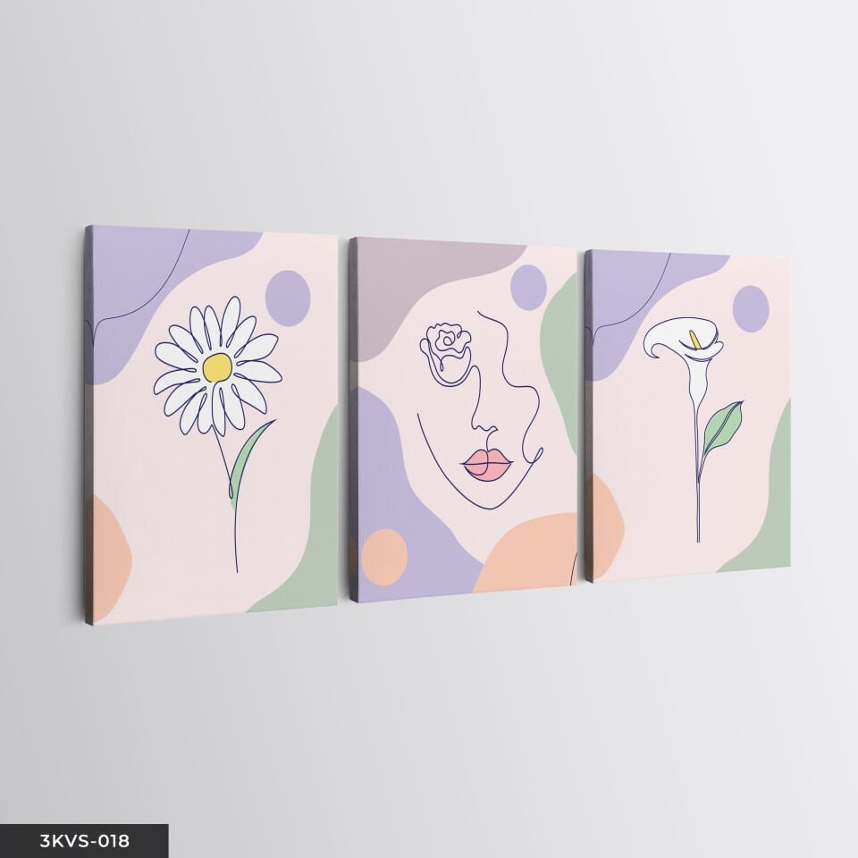 Minimal Çiçek Kadın 3 Parça Kanvas - Canvas Tablo 45 x 65 CM