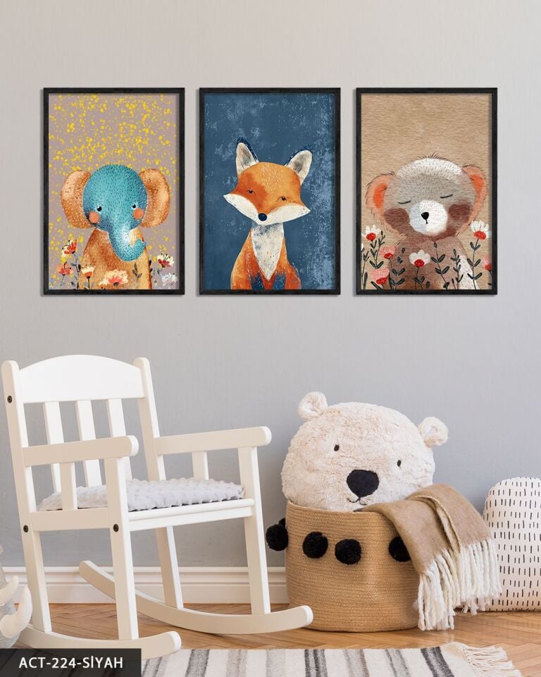 Hayvan Temalı Çocuk Odası 3 Parça Ahşap Çerçeveli Tablo ACT Siyah - 40 x 60 CM