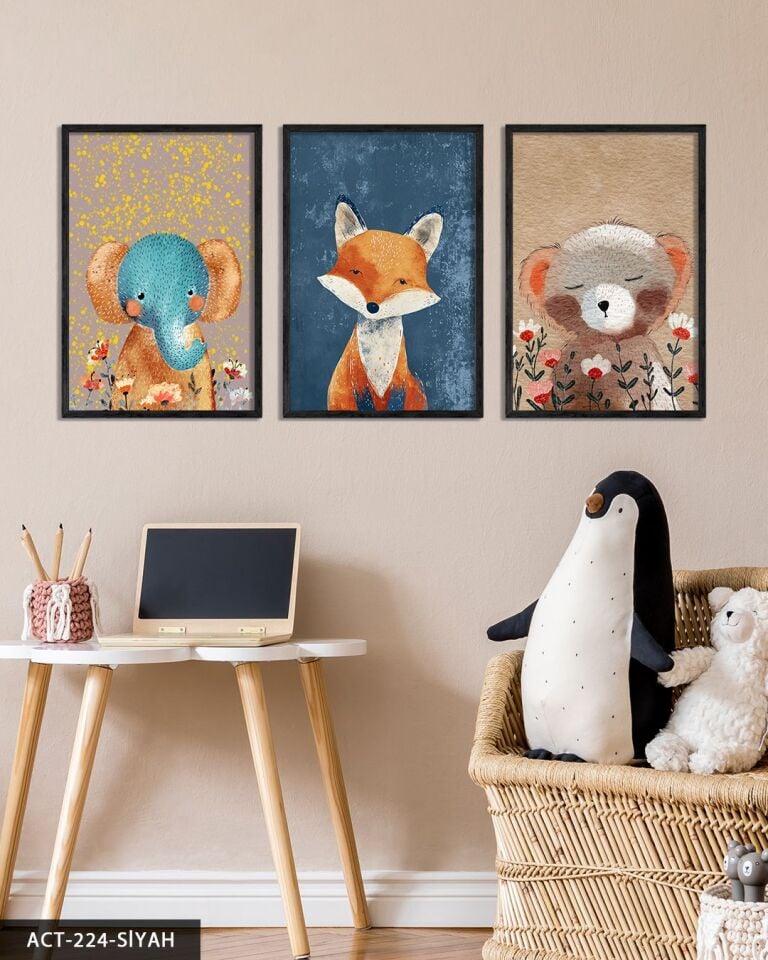 Hayvan Temalı Çocuk Odası 3 Parça Ahşap Çerçeveli Tablo ACT Siyah - 40 x 60 CM