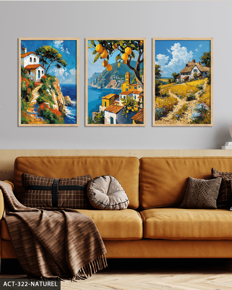 Yağlı Boya Görünümlü Kasaba 3 Parça Ahşap Çerçeveli Tablo ACT Naturel - 50 x 70 CM