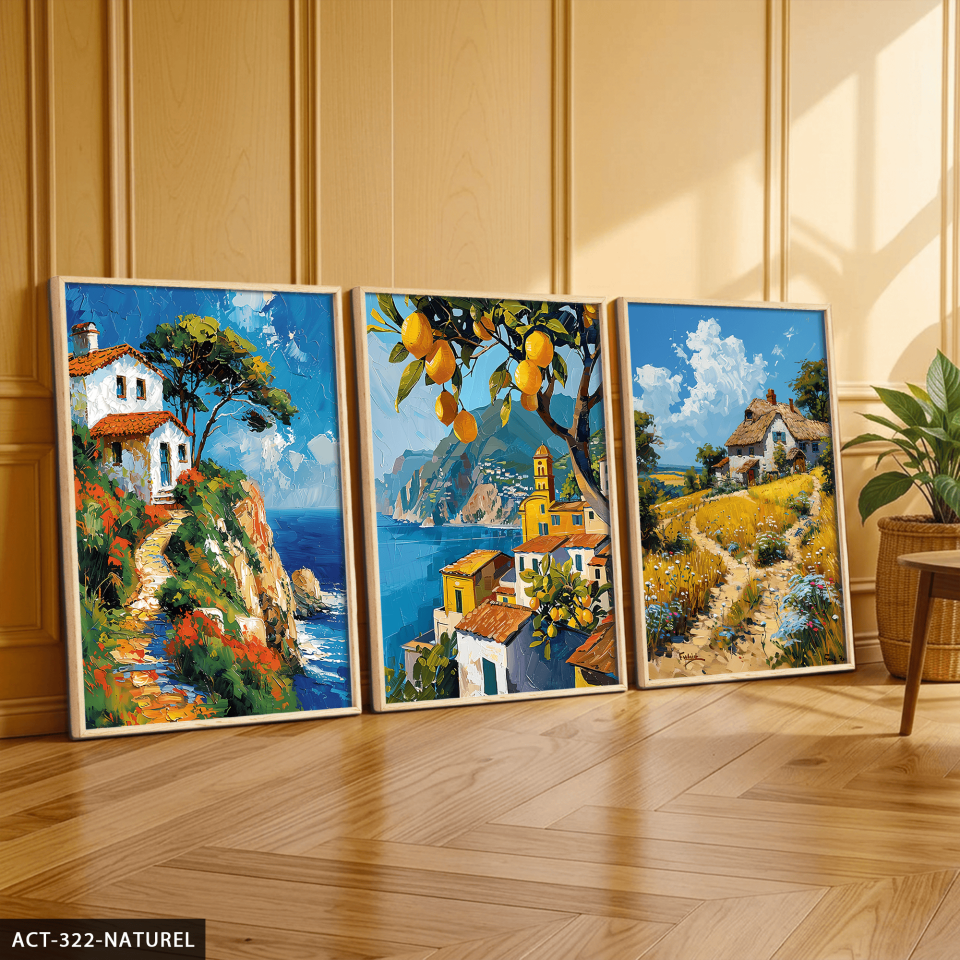 Yağlı Boya Görünümlü Kasaba 3 Parça Ahşap Çerçeveli Tablo ACT Naturel - 50 x 70 CM