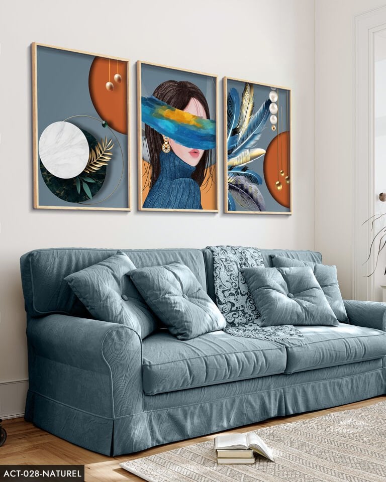 Soyut, Sanatsal, Kadın, Tüy, 3 Parça Ahşap Çerçeveli Tablo ACT Naturel - 50 x 70 CM