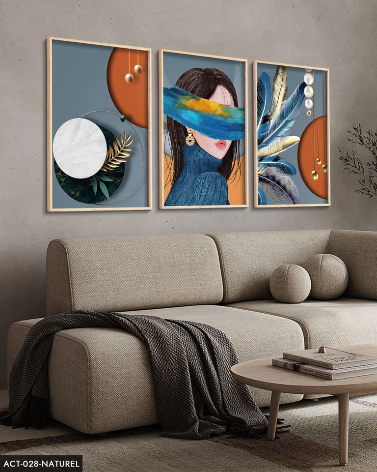 Soyut, Sanatsal, Kadın, Tüy, 3 Parça Ahşap Çerçeveli Tablo ACT Naturel - 50 x 70 CM