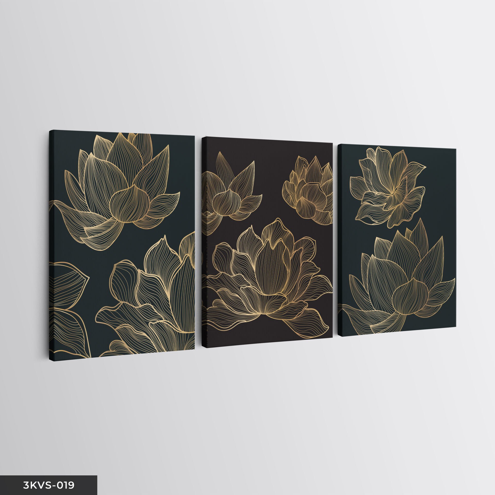 Gold Çiçekler 3 Parça Kanvas - Canvas Tablo 40 x 30 CM