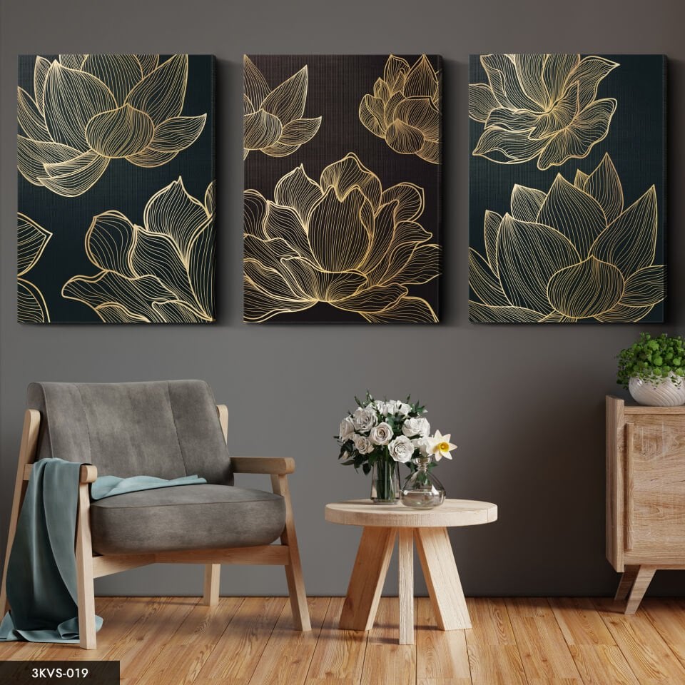Gold Çiçekler 3 Parça Kanvas - Canvas Tablo 40 x 30 CM