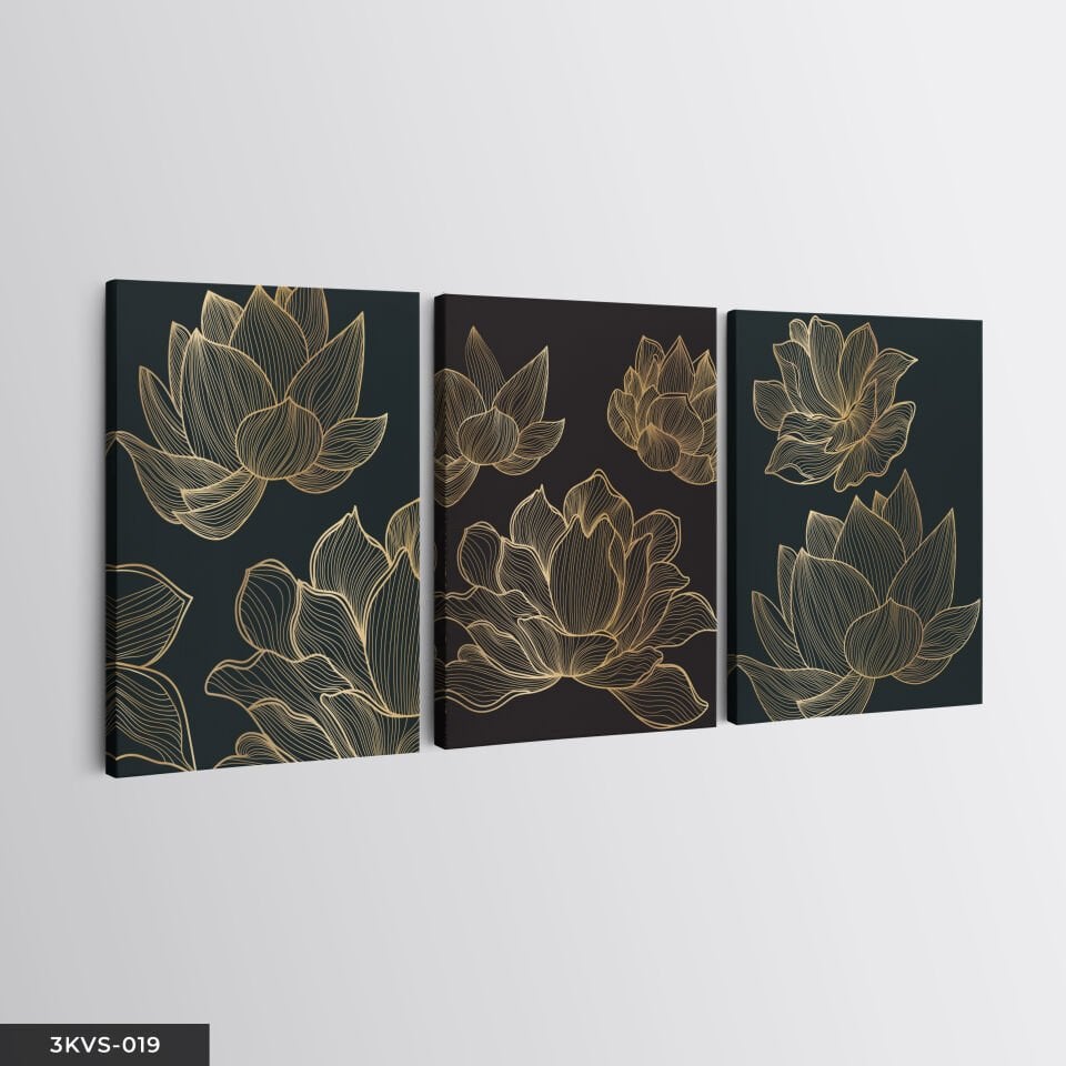 Gold Çiçekler 3 Parça Kanvas - Canvas Tablo 45 x 65 CM