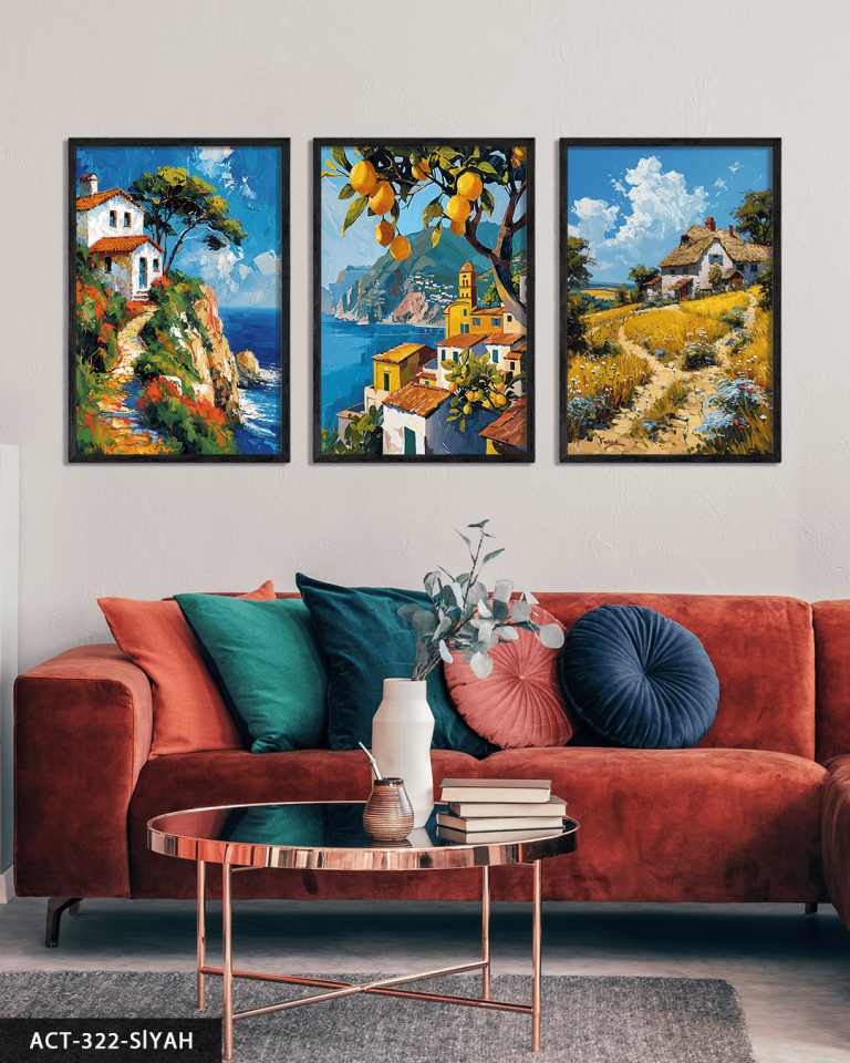 Yağlı Boya Görünümlü Kasaba 3 Parça Ahşap Çerçeveli Tablo ACT Siyah - 30 x 40 CM