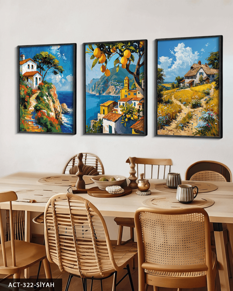 Yağlı Boya Görünümlü Kasaba 3 Parça Ahşap Çerçeveli Tablo ACT Siyah - 30 x 40 CM