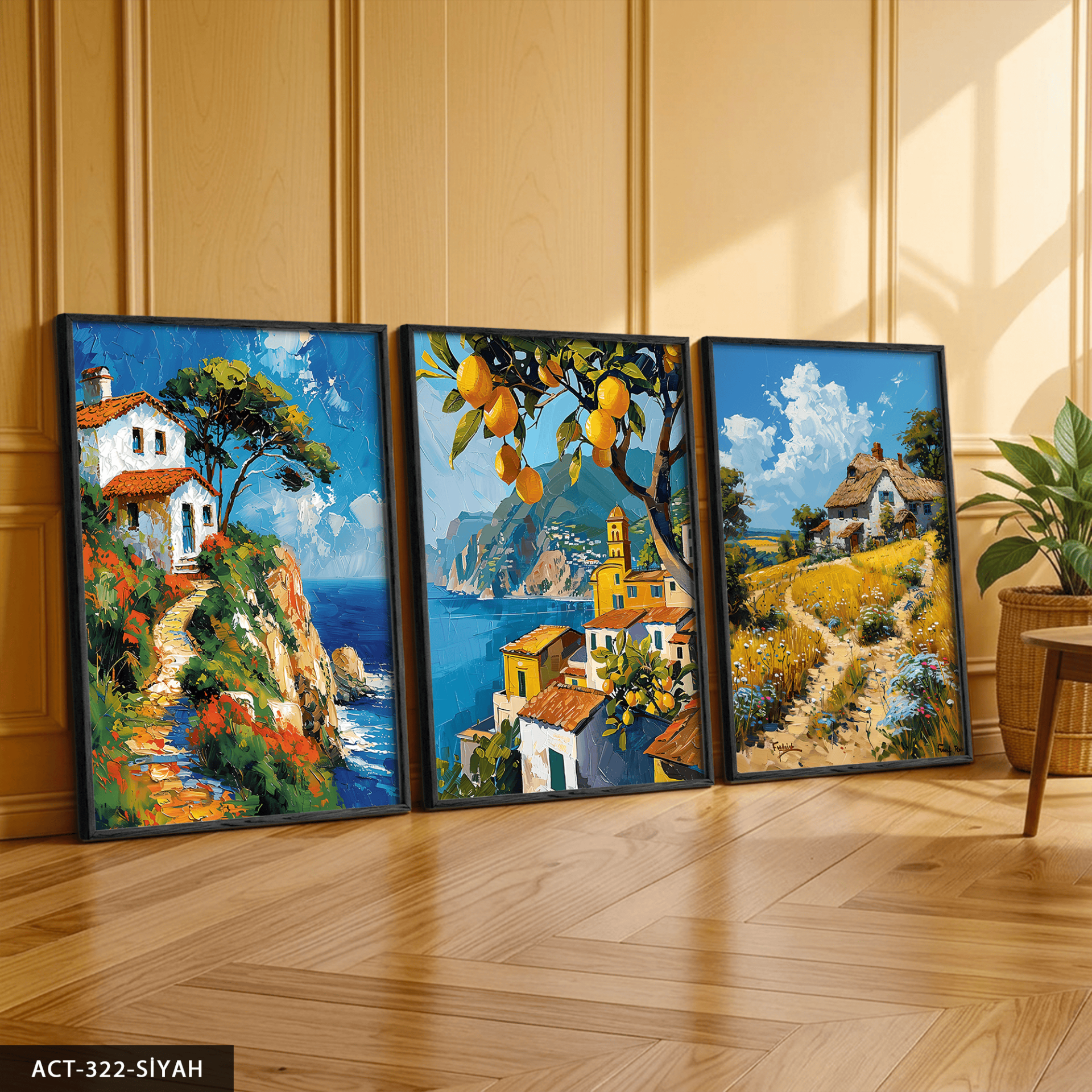 Yağlı Boya Görünümlü Kasaba 3 Parça Ahşap Çerçeveli Tablo ACT Siyah - 30 x 40 CM