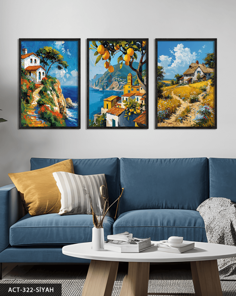 Yağlı Boya Görünümlü Kasaba 3 Parça Ahşap Çerçeveli Tablo ACT Siyah - 30 x 40 CM