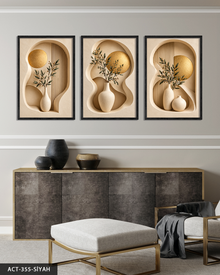 Gold Daire ve Vazoda Bitki 3 Parça Ahşap Çerçeveli Tablo ACT Siyah - 30 x 40 CM