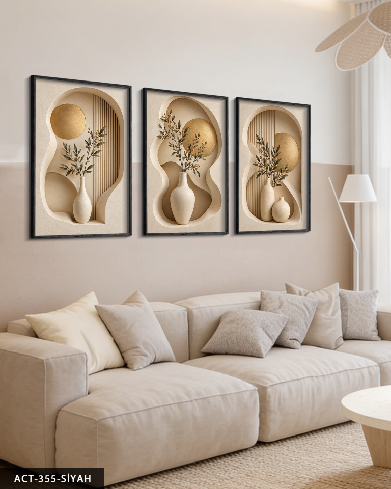 Gold Daire ve Vazoda Bitki 3 Parça Ahşap Çerçeveli Tablo ACT Siyah - 30 x 40 CM