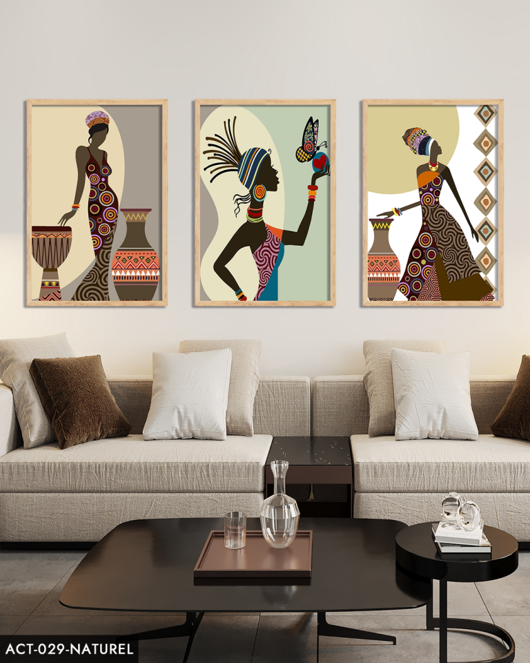 Etnik Afrikalı Kadınlar 3 Parça Ahşap Çerçeveli Tablo ACT Naturel - 50 x 70 CM