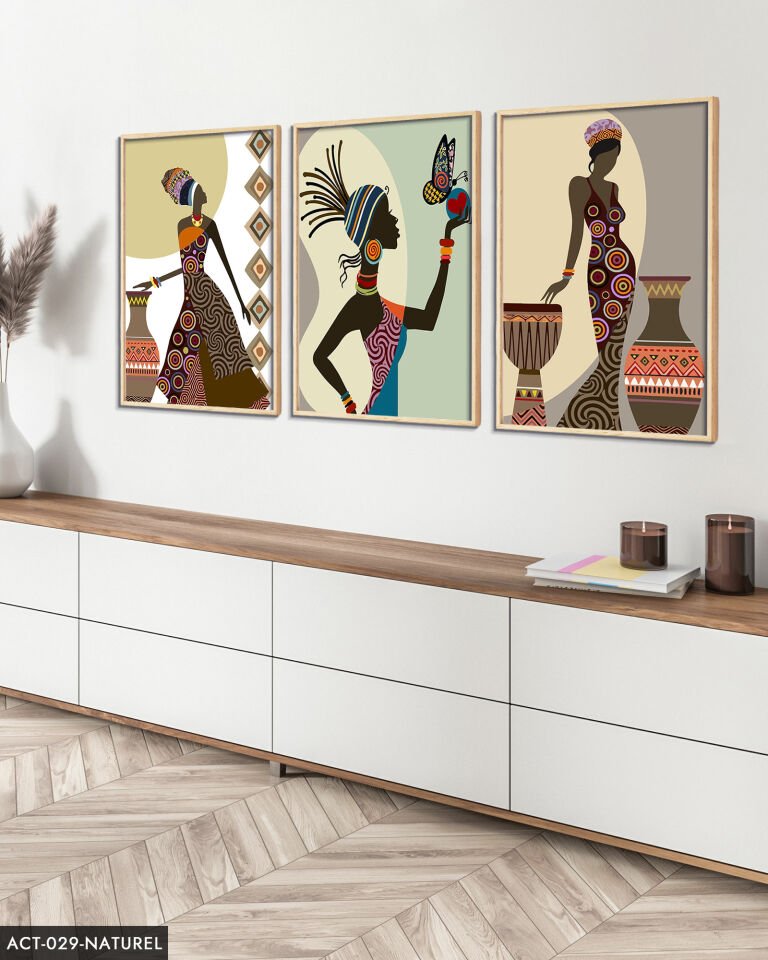 Etnik Afrikalı Kadınlar 3 Parça Ahşap Çerçeveli Tablo ACT Naturel - 50 x 70 CM