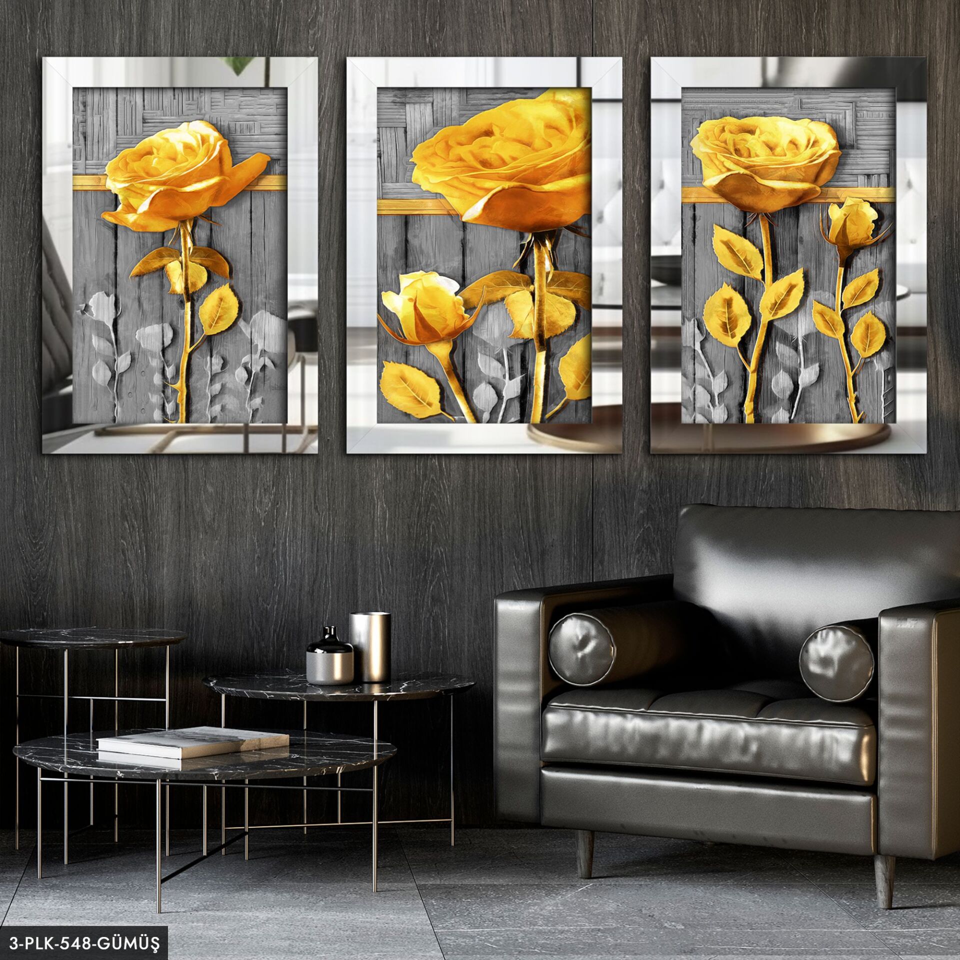 Çiçekler 3 Parça Pleksi Aynalı Tablo 30 x 40 CM - Gümüş