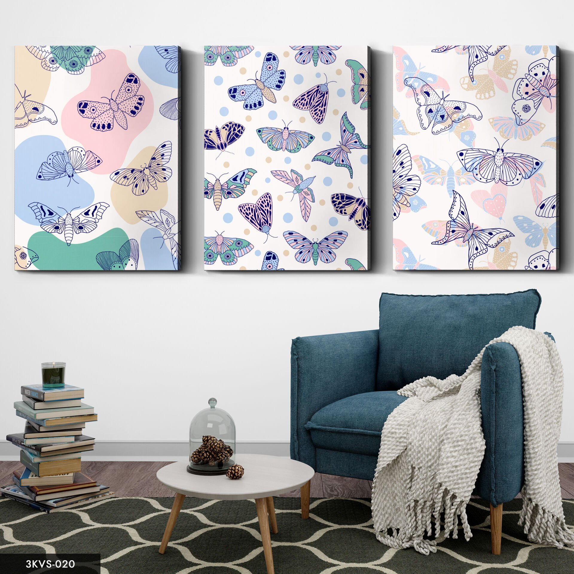 Renkli Kelebekler 3 Parça Kanvas - Canvas Tablo