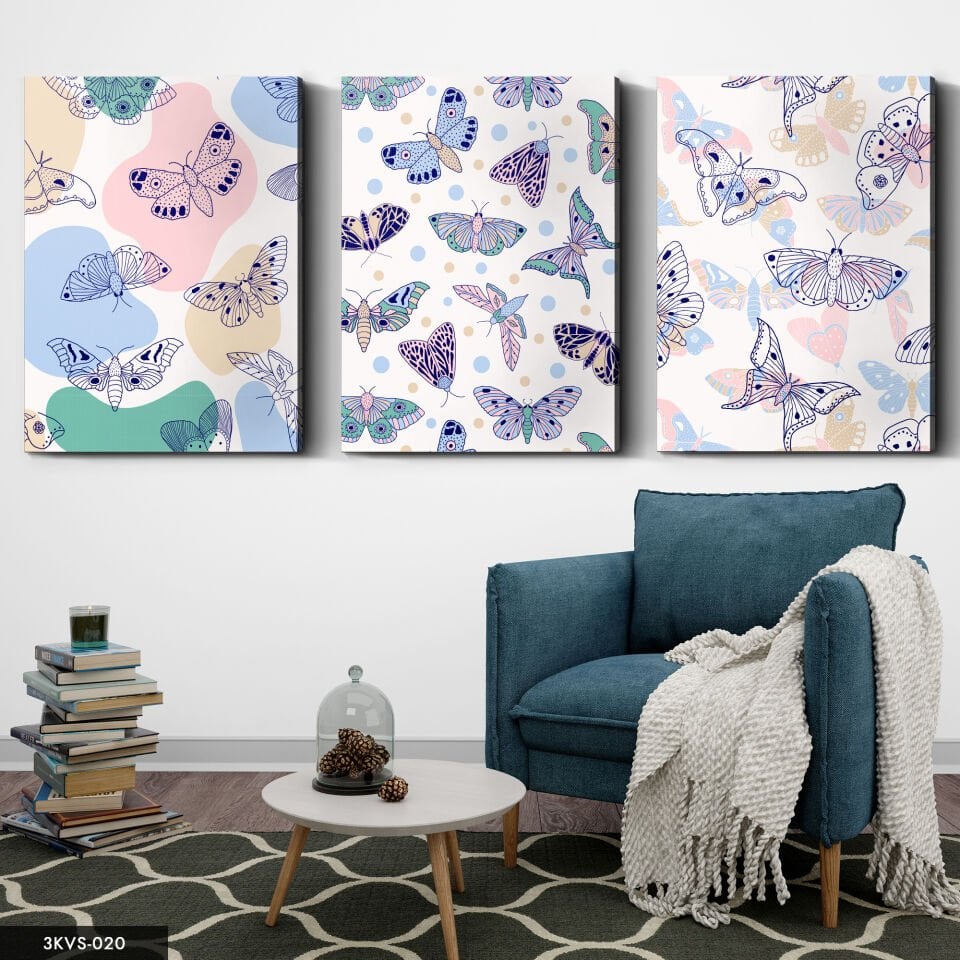 Renkli Kelebekler 3 Parça Kanvas - Canvas Tablo 40 x 30 CM