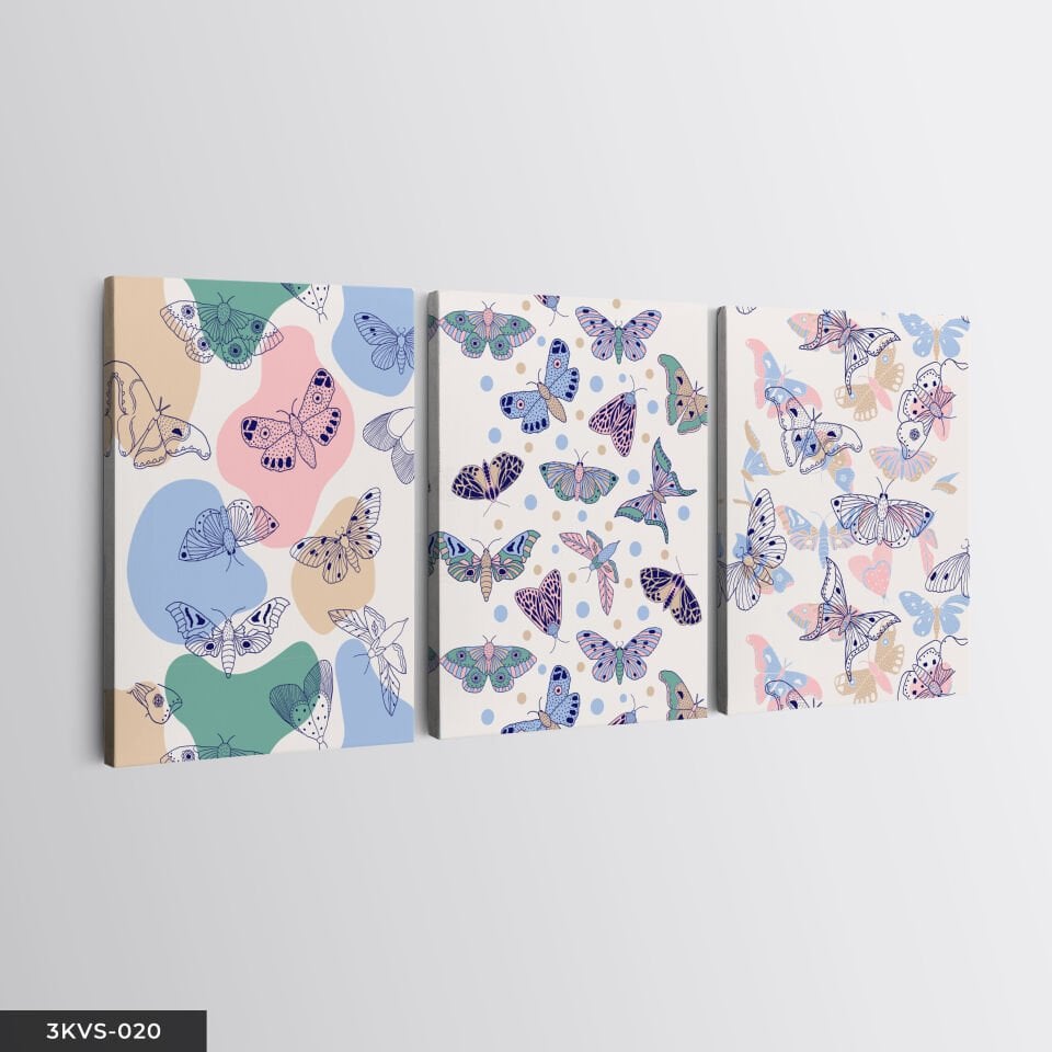 Renkli Kelebekler 3 Parça Kanvas - Canvas Tablo 45 x 65 CM