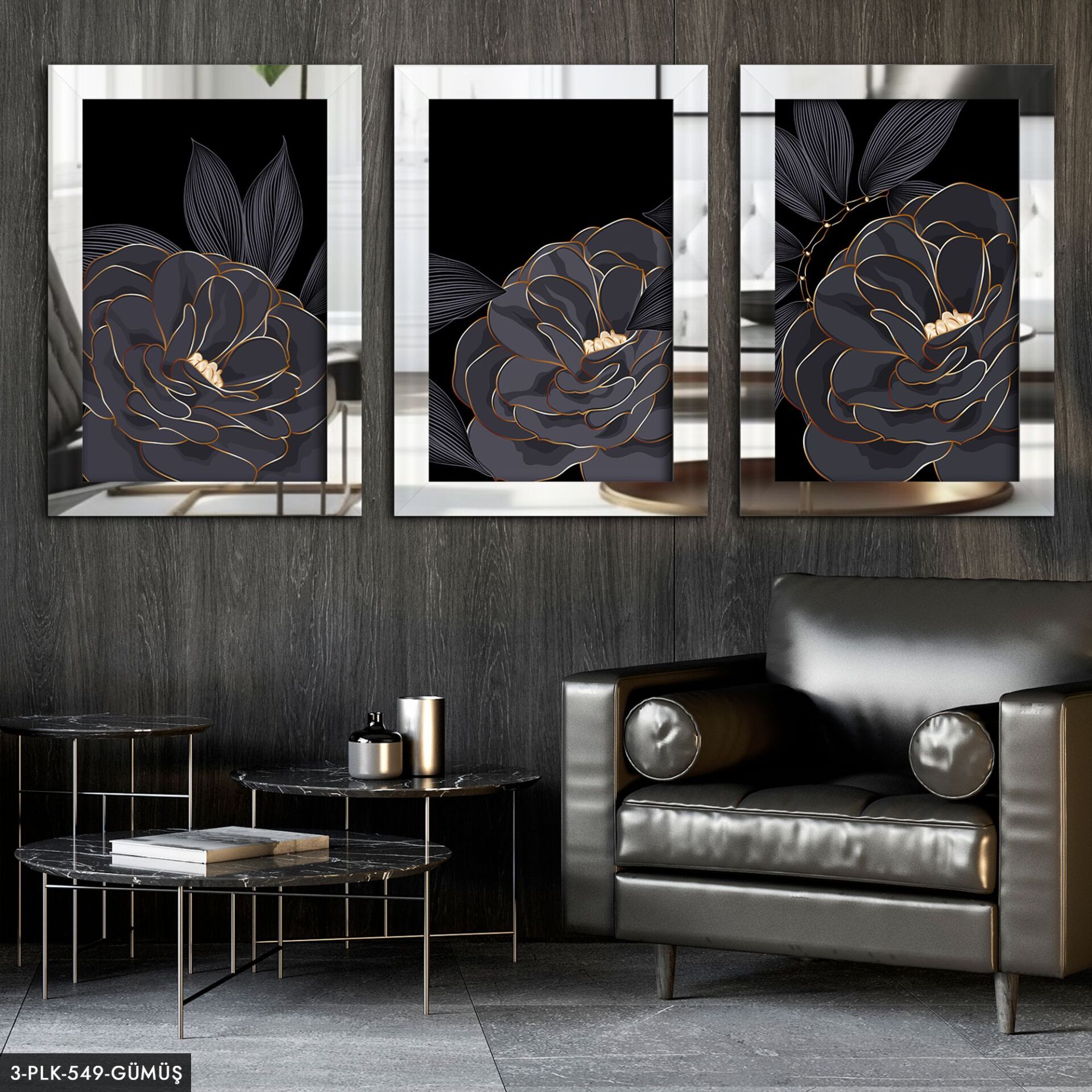 Çiçekler 3 Parça Pleksi Aynalı Tablo 30 x 40 CM - Gümüş