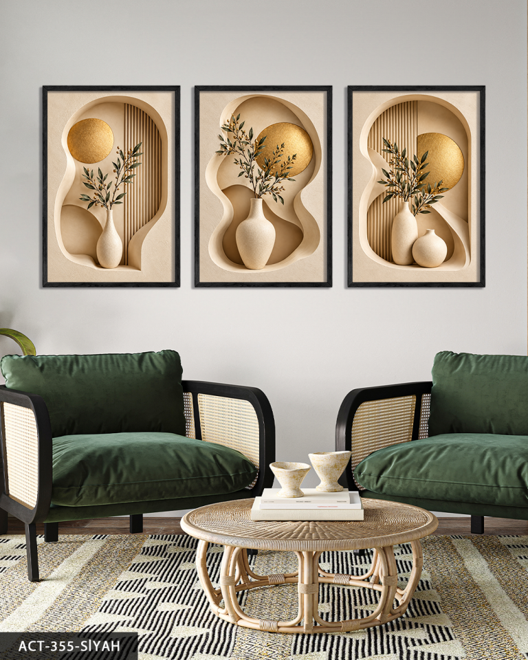 Gold Daire ve Vazoda Bitki 3 Parça Ahşap Çerçeveli Tablo ACT Siyah - 50 x 70 CM