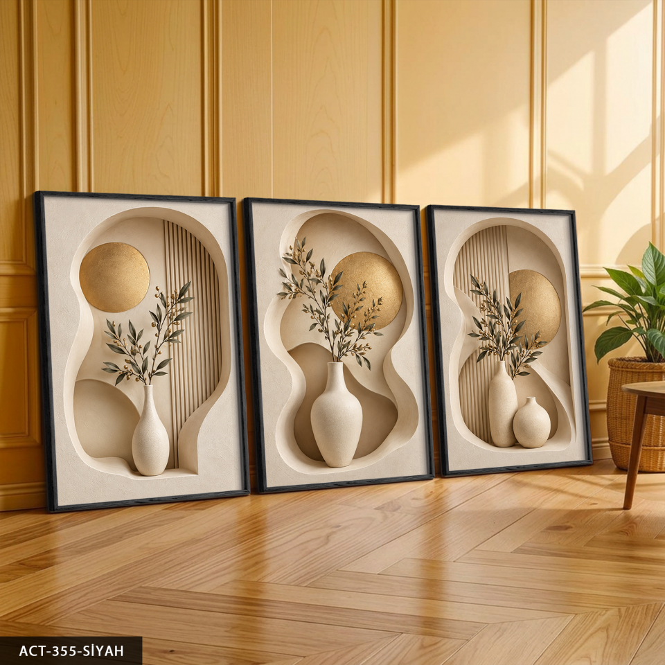 Gold Daire ve Vazoda Bitki 3 Parça Ahşap Çerçeveli Tablo ACT Siyah - 50 x 70 CM