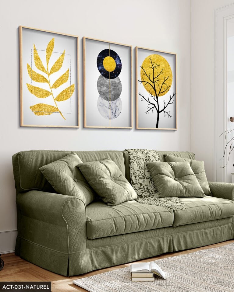 Gold Soyut Desenler 3 Parça Ahşap Çerçeveli Tablo ACT Naturel - 50 x 70 CM