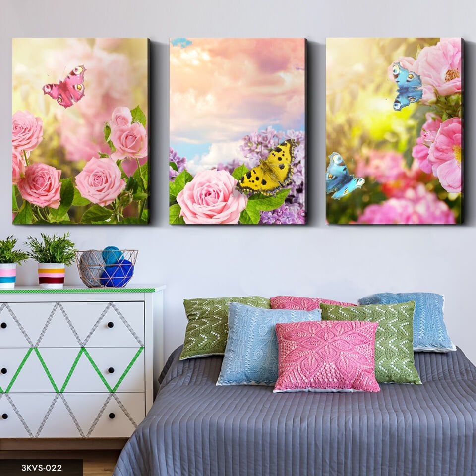Çiçekler Kelebekler 3 Parça Kanvas - Canvas Tablo 40 x 30 CM