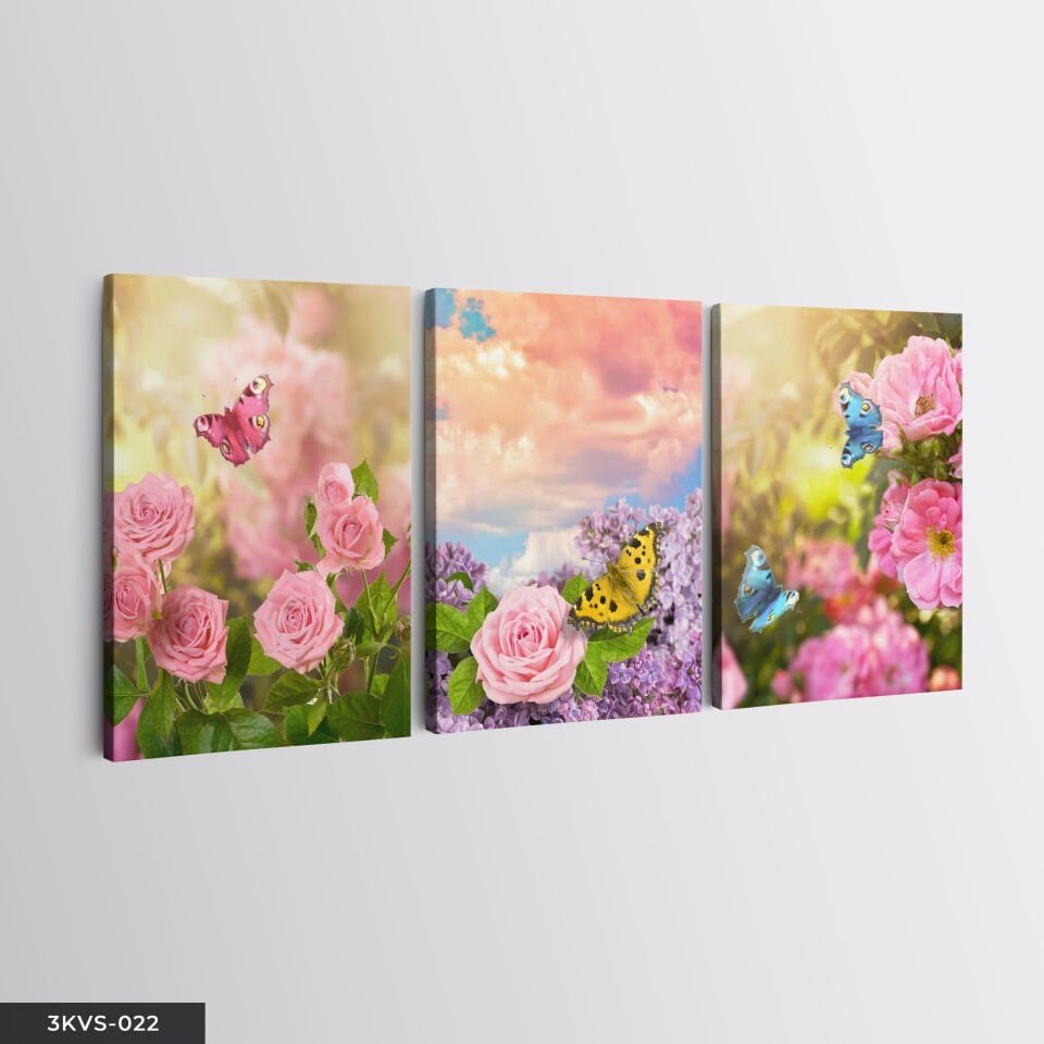 Çiçekler Kelebekler 3 Parça Kanvas - Canvas Tablo 45 x 65 CM