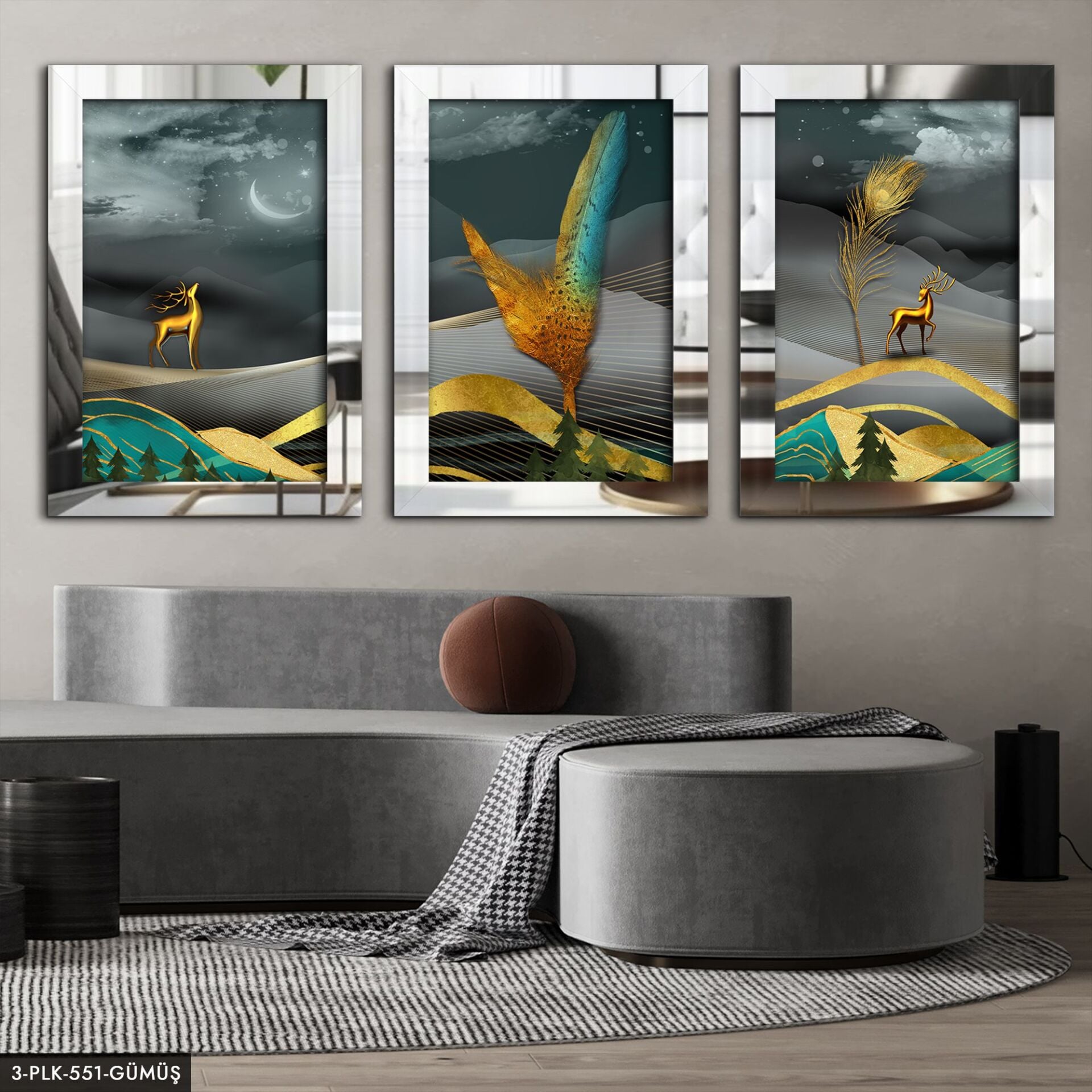 Soyut Geyik Doğa 3 Parça Pleksi Aynalı Tablo 30 x 40 CM - Gümüş