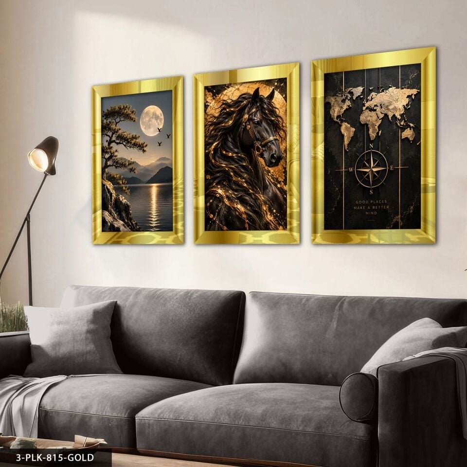 Gold Işıltılı At Manzara ve Harita 3 Parça Pleksi Aynalı Tablo 30 x 40 CM - Gold
