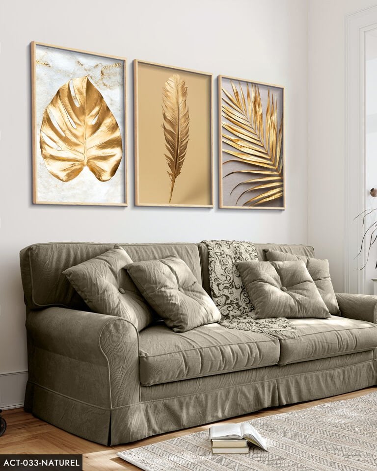 Gold Yaprak Tüy 3 Parça Ahşap Çerçeveli Tablo ACT Naturel - 50 x 70 CM