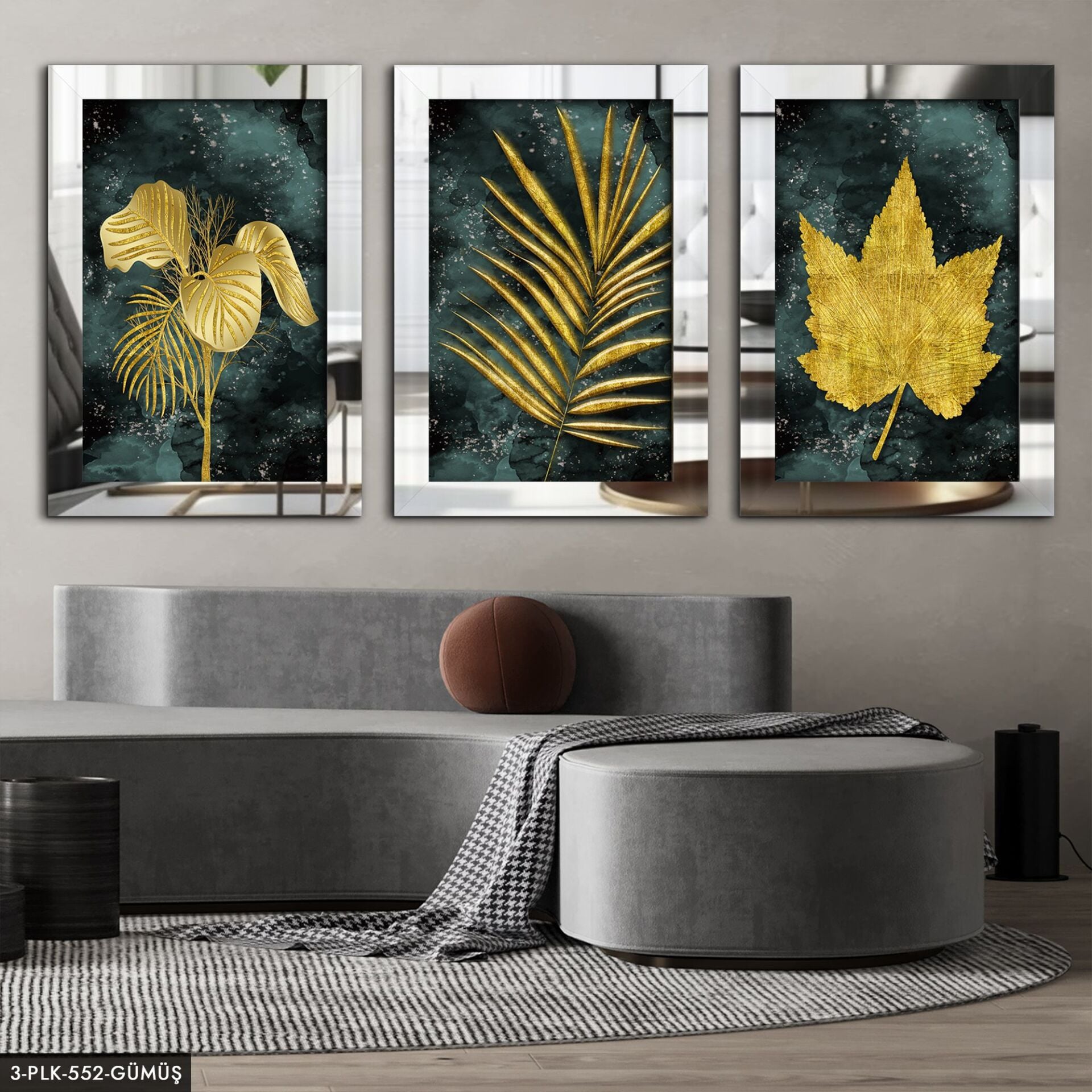 Çiçek Yaprak 3 Parça Pleksi Aynalı Tablo 30 x 40 CM - Gümüş