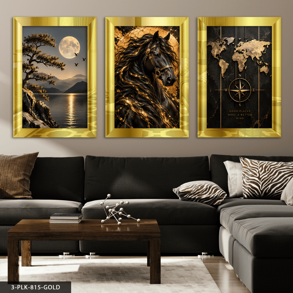 Gold Işıltılı At Manzara ve Harita 3 Parça Pleksi Aynalı Tablo 40 x 60 CM - Gold