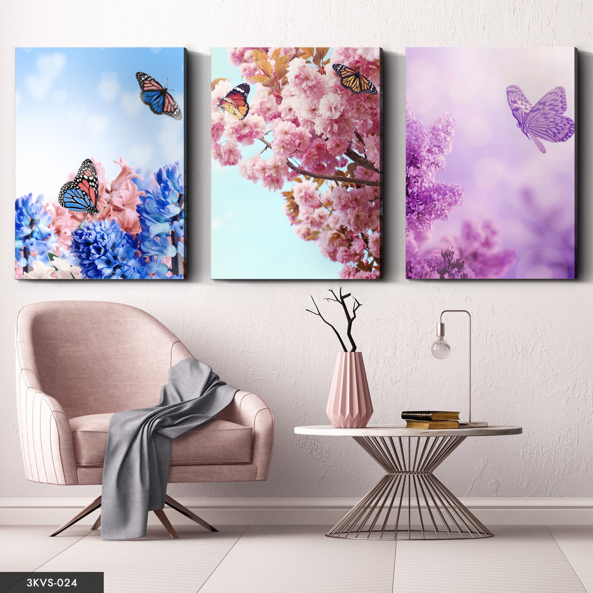 Çiçekler Kelebekler 3 Parça Kanvas - Canvas Tablo 40 x 30 CM
