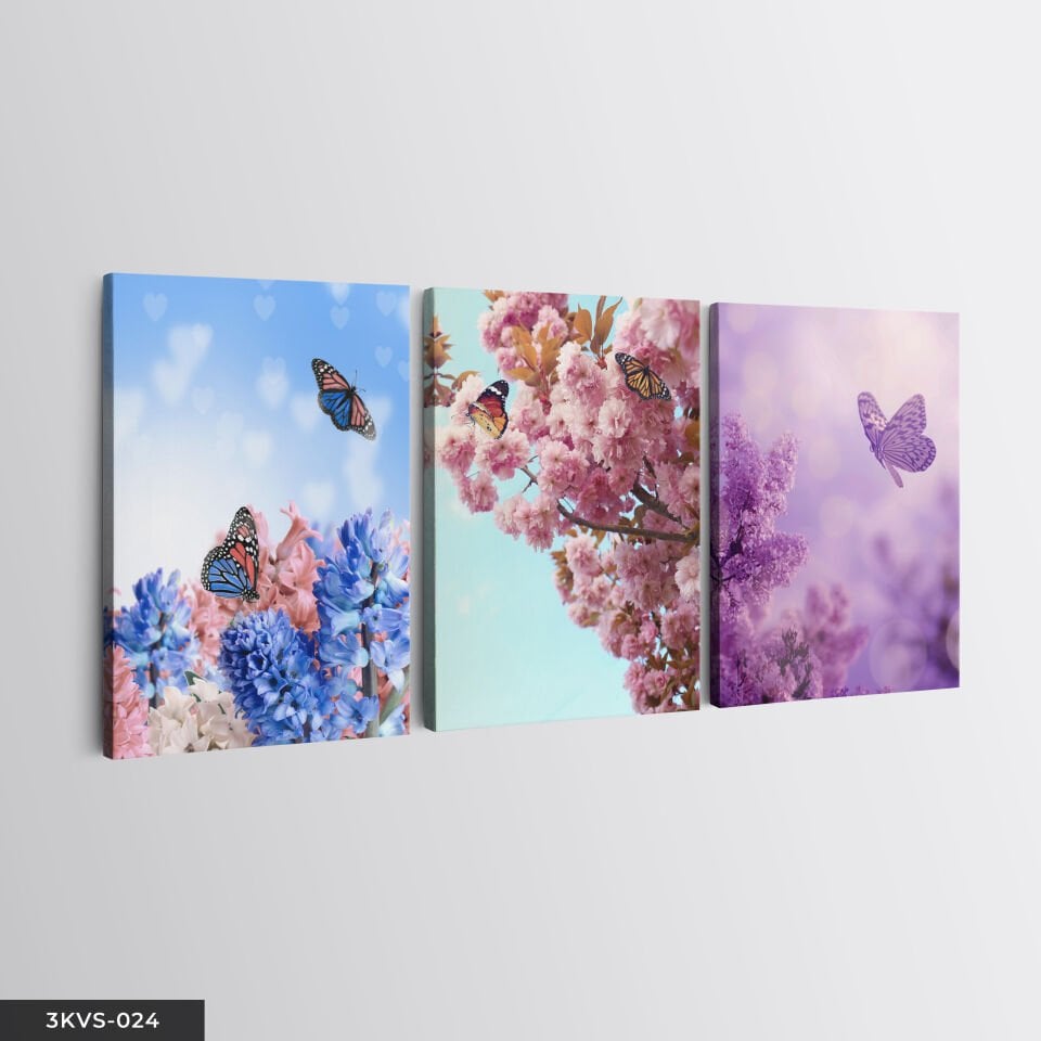 Çiçekler Kelebekler 3 Parça Kanvas - Canvas Tablo 45 x 65 CM