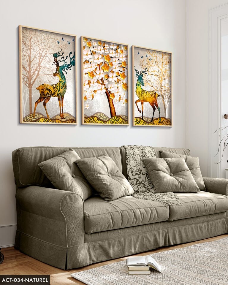 Renkli Geyik, Renkli Ağaç 3 Parça Ahşap Çerçeveli Tablo ACT Naturel - 50 x 70 CM