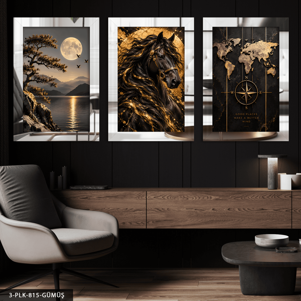Gold Işıltılı At Manzara ve Harita 3 Parça Pleksi Aynalı Tablo Gümüş - 30 x 40 CM