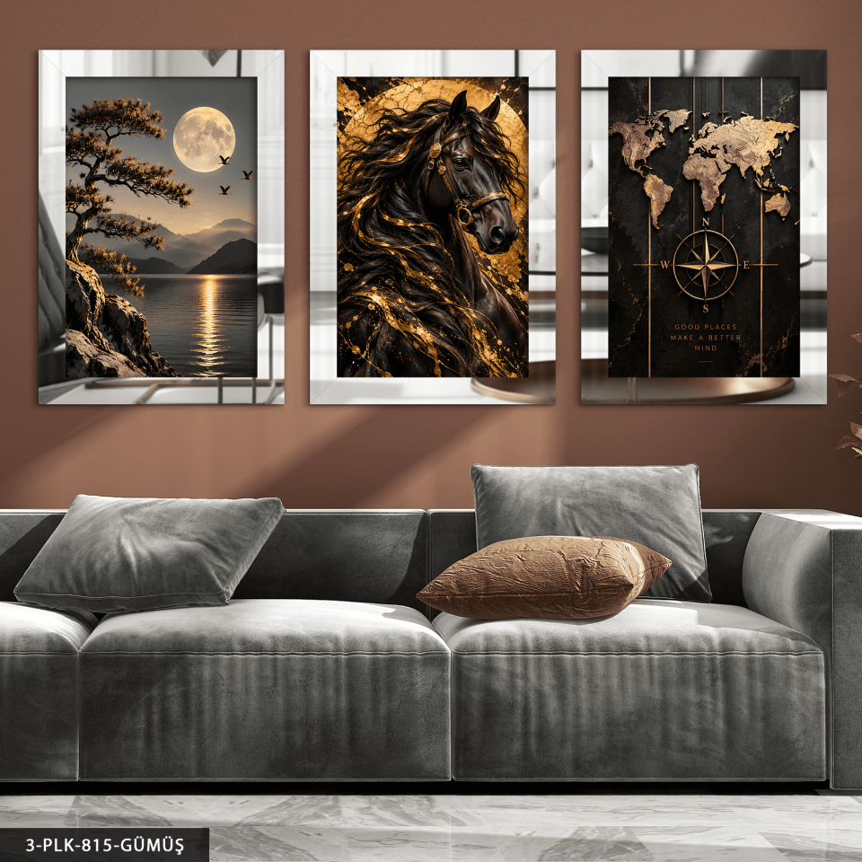 Gold Işıltılı At Manzara ve Harita 3 Parça Pleksi Aynalı Tablo Gümüş - 30 x 40 CM