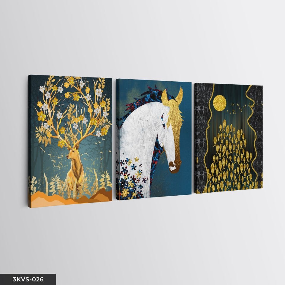 Gold Hayvanlar 3 Parça Kanvas - Canvas Tablo 45 x 65 CM